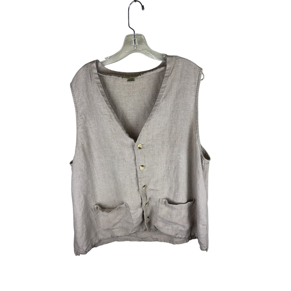 Eddie Bauer Womens XL Linen Vest Beige Button Front V-Neck Sleeveless Pockets